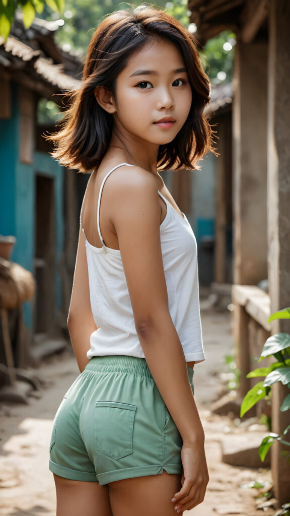 a (((stunningly realistic full-body photograph))), capturing a (((Burmese teen girl))) at age 15, where her gently curved contours and (((minimalist go-go shorts))) hint at a (((whimsically innocent yet subtly seductive aura))), set against a (((thunderously detailed, sharply focused background))), with a (serenely elegant, side-swept angle) that brings out the (best possible view), as if chiseled onto a (matte oil canvas) using the (advanced techniques of cinematic realism)