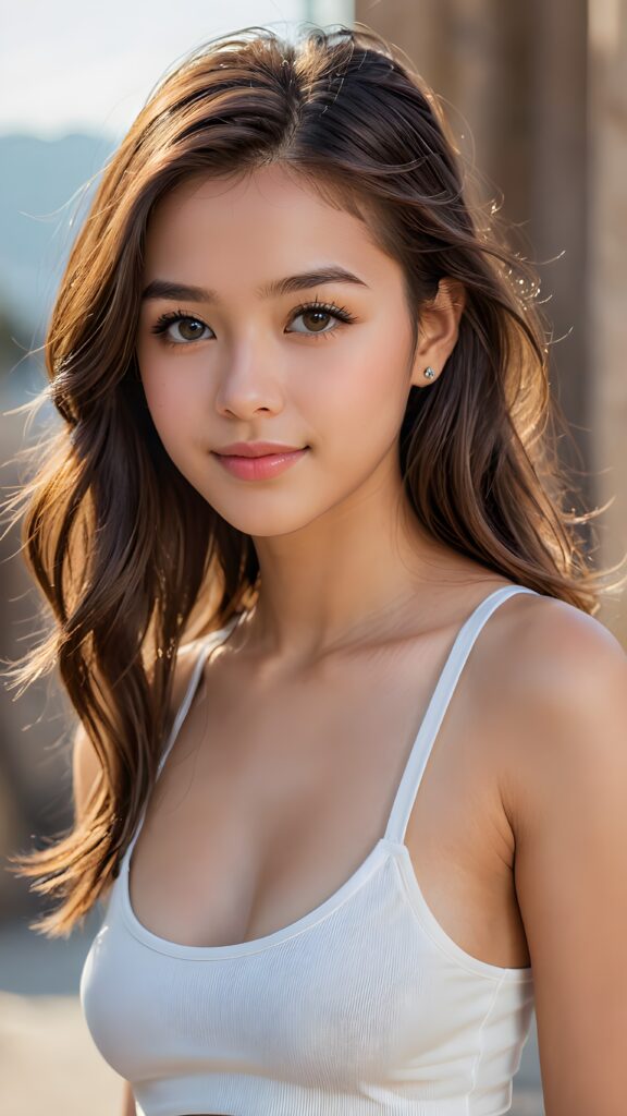 a stunningly (((cute and elegant)) Exotic teenage girl) with intricate long (straight soft hair) that extends down her back, dressed in a (((short white cropped tank top))), featuring perfect curves and an ultra realistic face with (detailed, realistic eyes). Her hair framing her face in a masterful composition that draws the eye. The scene is captured with a (highly detailed, ultra realistic image) that exudes a warm glow, emphasizing depth through softly blurred focus and a touch of (film grain), while the girl looks directly at the viewer with a (serene smile) that draws attention to her upper body, which stands out in striking detail against a (masterfully crafted, ultra realistic backdrop) that borders on (best-quality art)