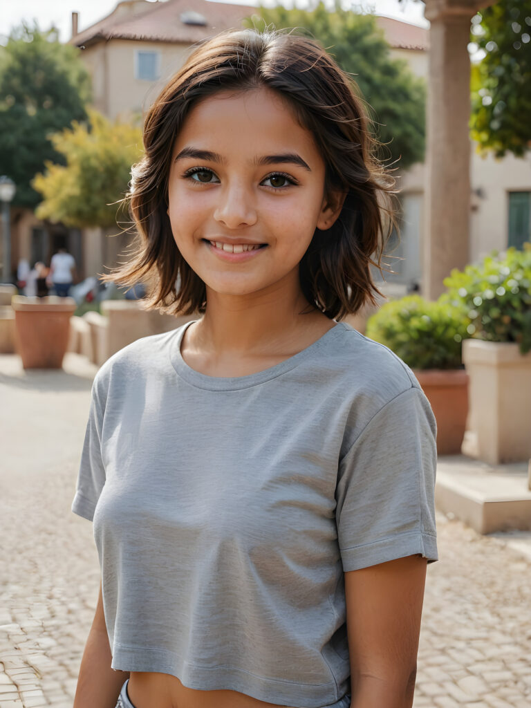 a stunningly gorgeous (((realistic portrait))), featuring a young cute Afghan girl, 16 years old, with a light brown complexion and a warm smile, dressed in a (((grey cropped short t-shirt))), her face exuding an air of serene sophistication