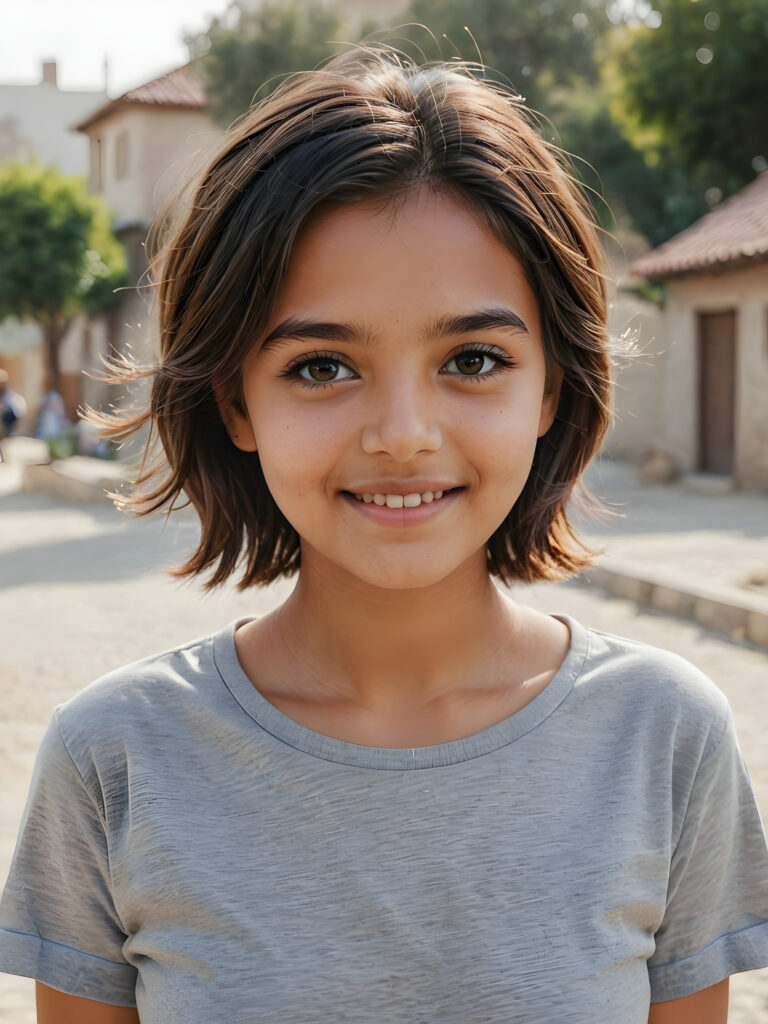 a stunningly gorgeous (((realistic portrait))), featuring a young cute Afghan girl, 16 years old, with a light brown complexion and a warm smile, dressed in a (((grey cropped short t-shirt))), her face exuding an air of serene sophistication