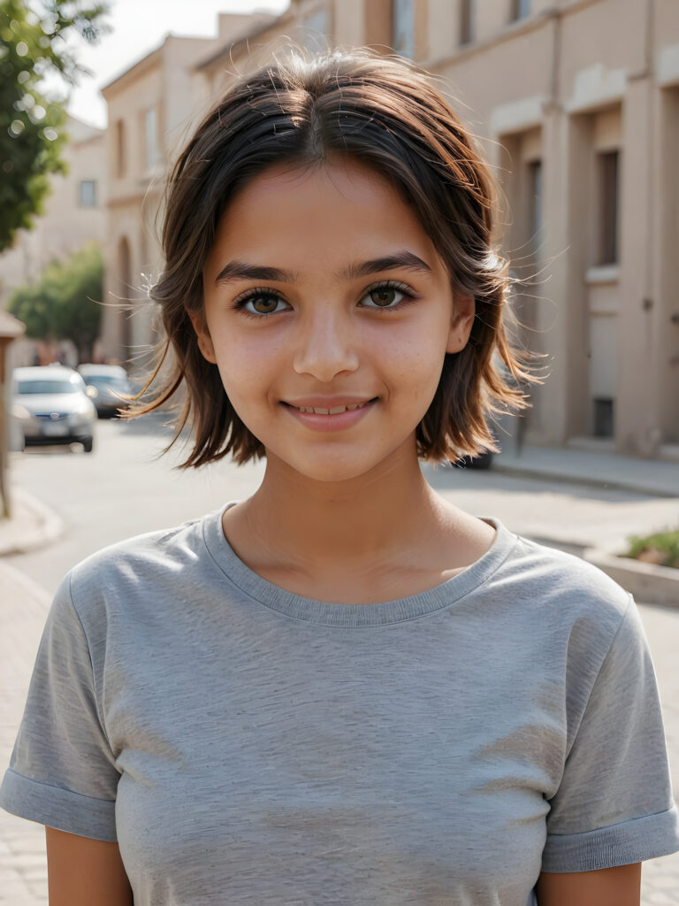 a stunningly gorgeous (((realistic portrait))), featuring a young cute Afghan girl, 16 years old, with a light brown complexion and a warm smile, dressed in a (((grey cropped short t-shirt))), her face exuding an air of serene sophistication