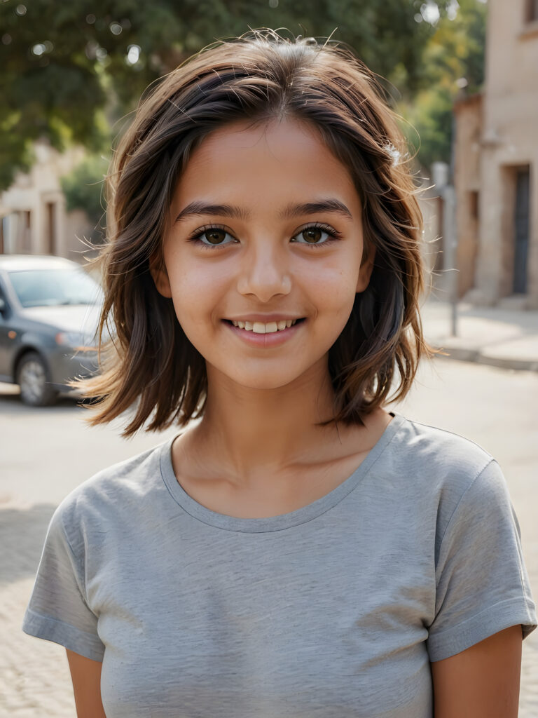 a stunningly gorgeous (((realistic portrait))), featuring a young cute Afghan girl, 16 years old, with a light brown complexion and a warm smile, dressed in a (((grey cropped short t-shirt))), her face exuding an air of serene sophistication