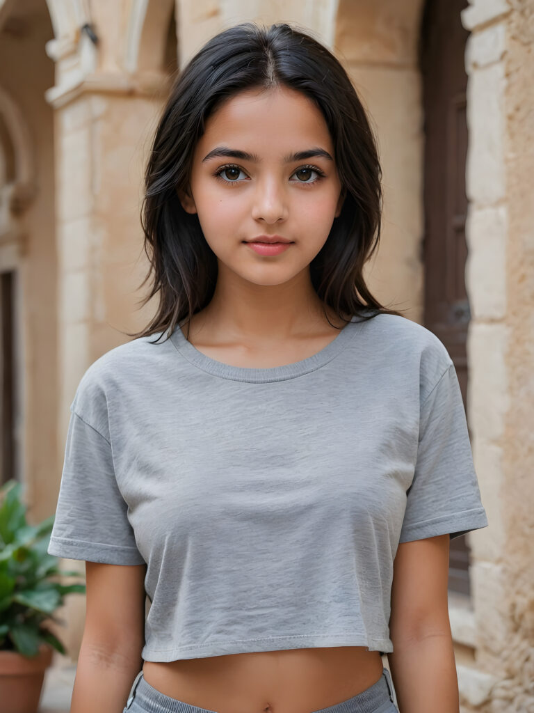 a stunningly gorgeous (((realistic portrait))), featuring a young cute Syrian girl, 16 years old, dressed in a (((grey cropped short t-shirt))), her face exuding an air of serene sophistication, she has long, straight soft obsidian black hair, beautiful body