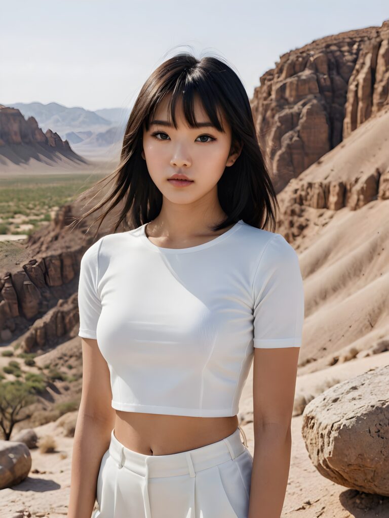 a stunningly realistic and detailed (((photograph))), capturing a Asian teenage girl with luxuriously long, sleek straight black soft hair, bangs, and a flawlessly proportioned, lean physique, ((clad in a minimalist, short-sleeve white crop top that accentuates her curves)), against the backdrop of a weathered, stone-strewn desert landscape