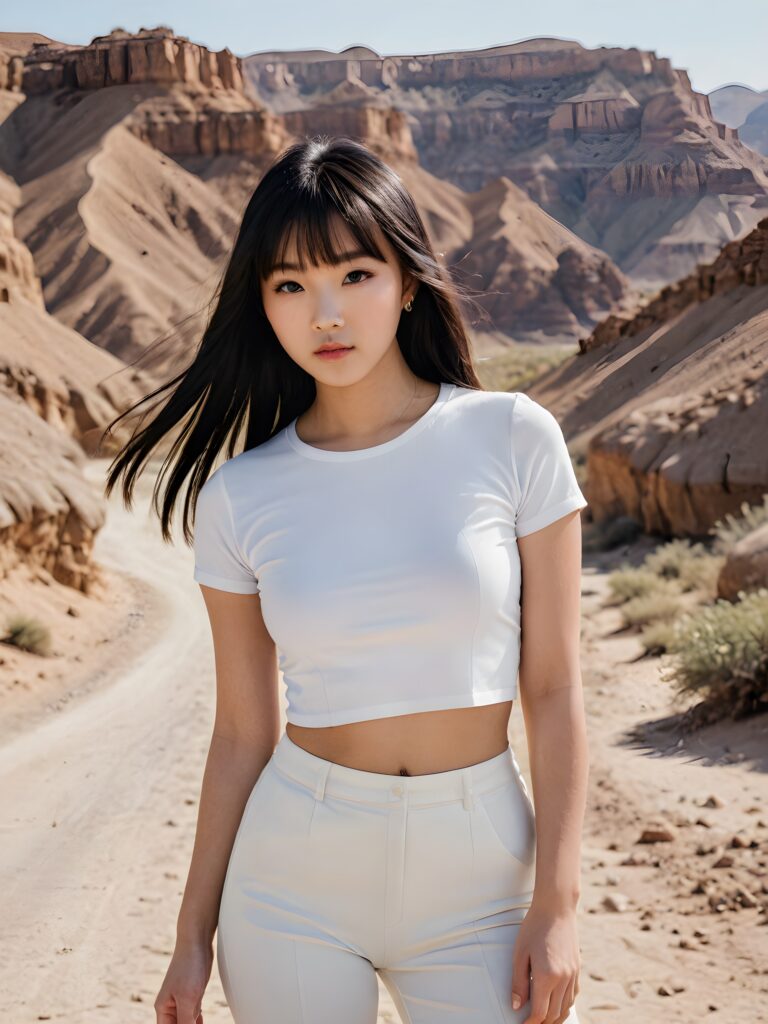 a stunningly realistic and detailed (((photograph))), capturing a Asian teenage girl with luxuriously long, sleek straight black soft hair, bangs, and a flawlessly proportioned, lean physique, ((clad in a minimalist, short-sleeve white crop top that accentuates her curves)), against the backdrop of a weathered, stone-strewn desert landscape