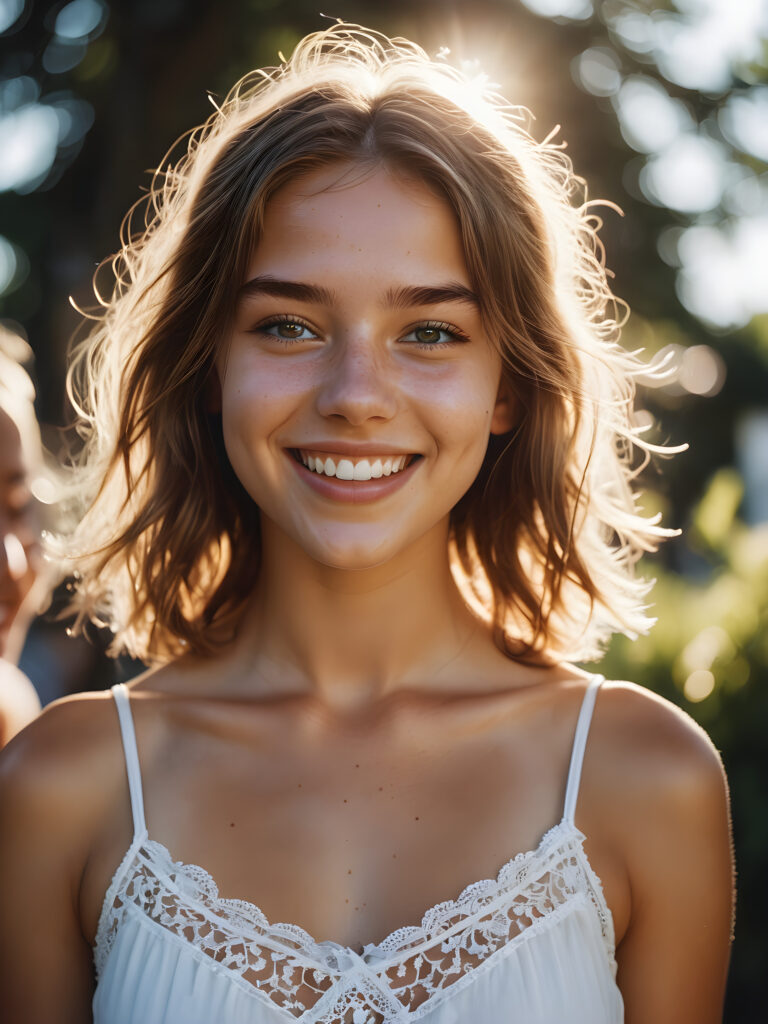 a (((summer teen girl, thin dressed))) caught in a moment of absolute euphoria, with radiant skin, expressive eyes, and a carefree smile that perfectly captures the essence of (absolut joy)