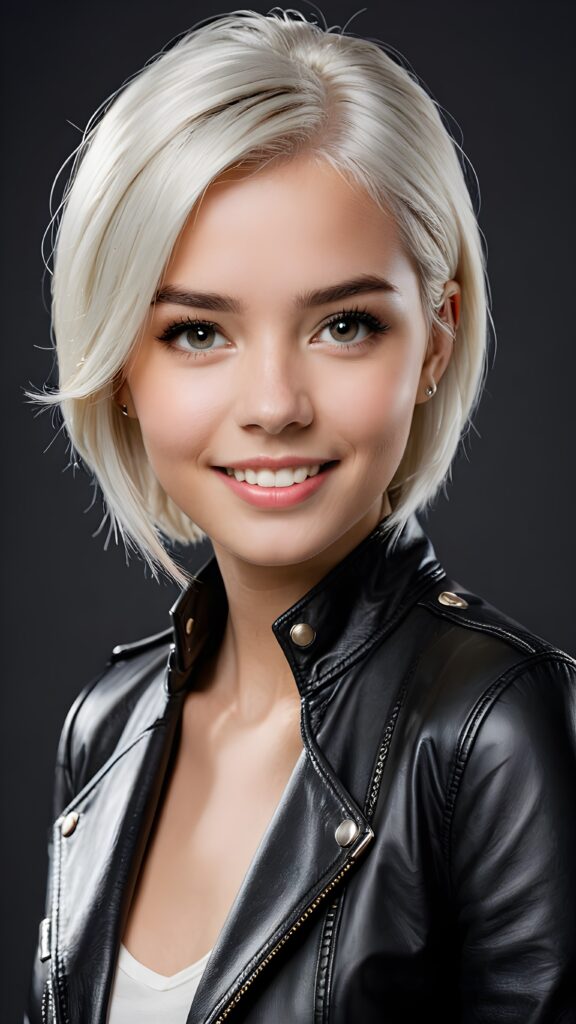 a (((super cute young girlie))), intricate details and sharp focus, set against a backdrop of a (short, sleek black leather jacket) and (real, white hair), emphasizing her exquisite features such as (straight, white teeth) and (perfect, clear skin), all captured in a (professional studio portrait), with a focus on her face, showcasing its exquisite beauty and clarity at an ultra high resolution of 4K or higher