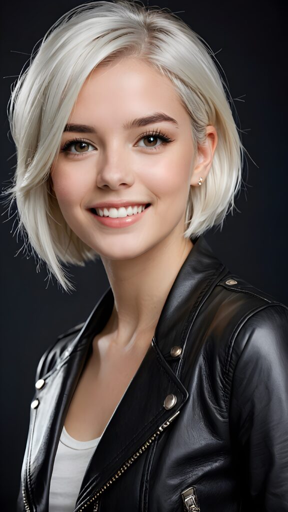 a (((super cute young girlie))), intricate details and sharp focus, set against a backdrop of a (short, sleek black leather jacket) and (real, white hair), emphasizing her exquisite features such as (straight, white teeth) and (perfect, clear skin), all captured in a (professional studio portrait), with a focus on her face, showcasing its exquisite beauty and clarity at an ultra high resolution of 4K or higher