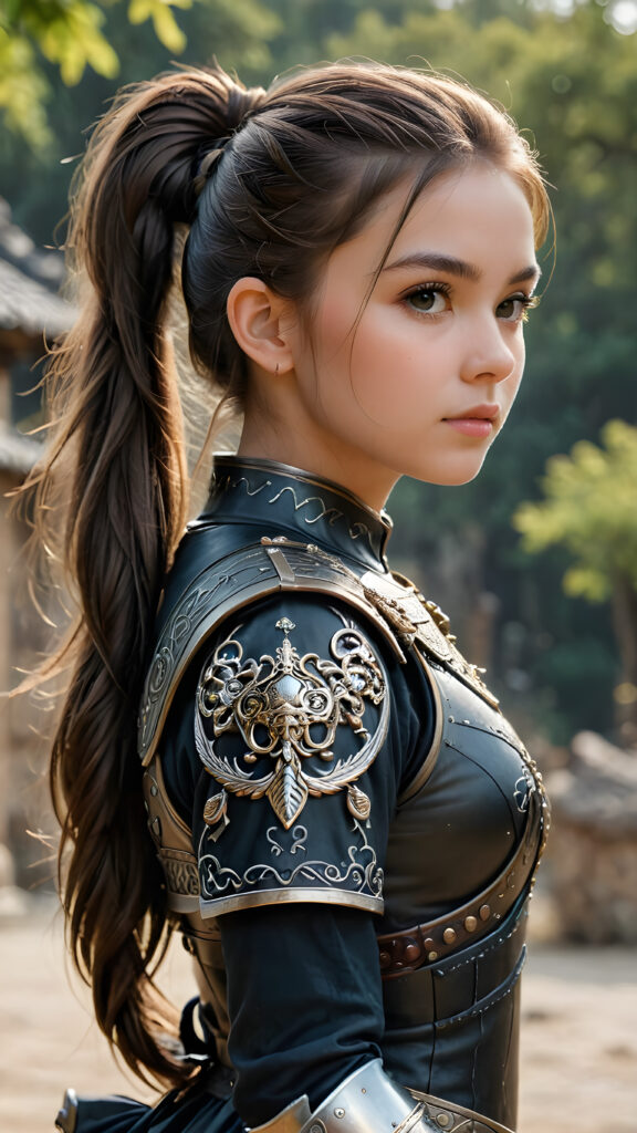 a super detailed and realistic photo from an ancient young warrior teen girl in black, light armor. She has long hair tied into a pony tail. Perfect body, side view