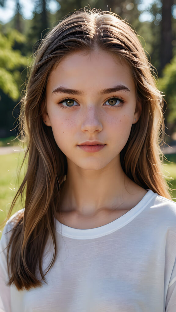 a super detailed, realistic half-body portrait of a 14-year-old girl with a flawless complexion. her hair is long, light brown, and straight. she has faceted, perfect crystal-clear eyes. her eyebrows are light brown and elegant. her lips are full and perfectly sculpted. she wears a thin, cropped white t-shirt, she stands in a serene, natural setting. she looks sweet at the camera.