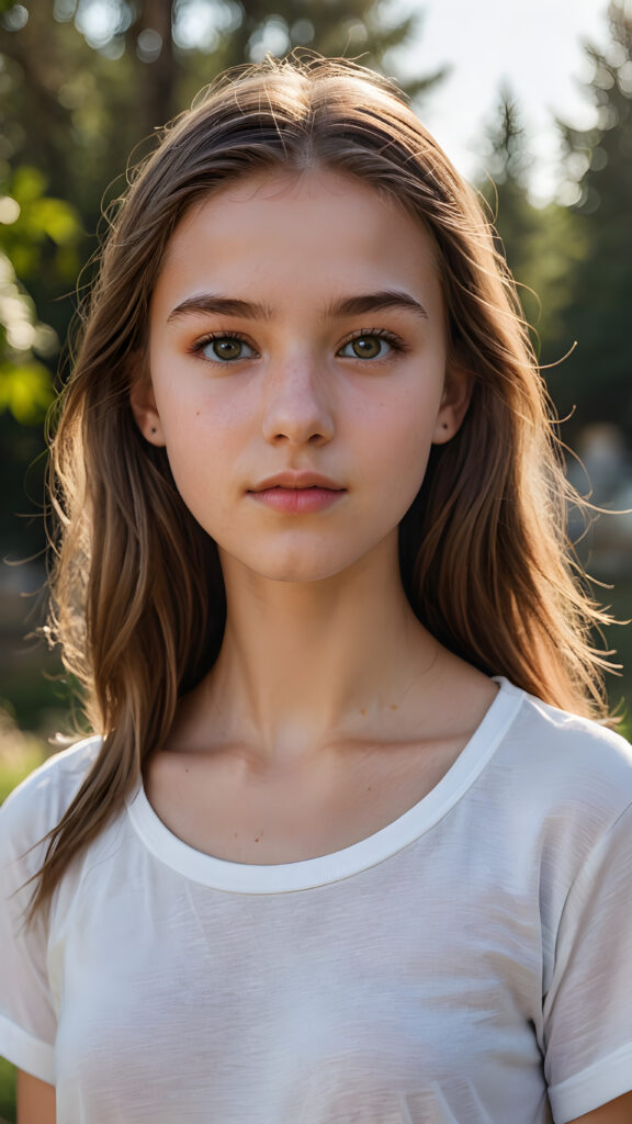 a super detailed, realistic half-body portrait of a 14-year-old girl with a flawless complexion. her hair is long, light brown, and straight. she has faceted, perfect crystal-clear eyes. her eyebrows are light brown and elegant. her lips are full and perfectly sculpted. she wears a thin, cropped white t-shirt, she stands in a serene, natural setting. she looks sweet at the camera.