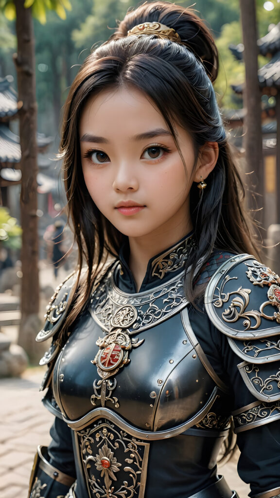 a super detailed and realistic photo from an ancient young Chinese warrior teen girl in black, light armor. She has long hair. Perfect body