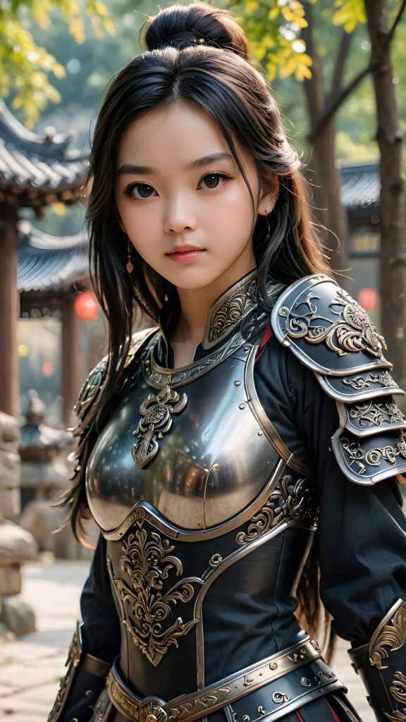 a super detailed and realistic photo from an ancient young Chinese warrior teen girl in black, light armor. She has long hair. Perfect body