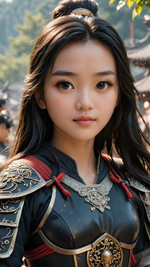 a super detailed and realistic photo from an ancient young Chinese warrior teen girl in black, light armor. She has long hair. Perfect body. (Mulan)