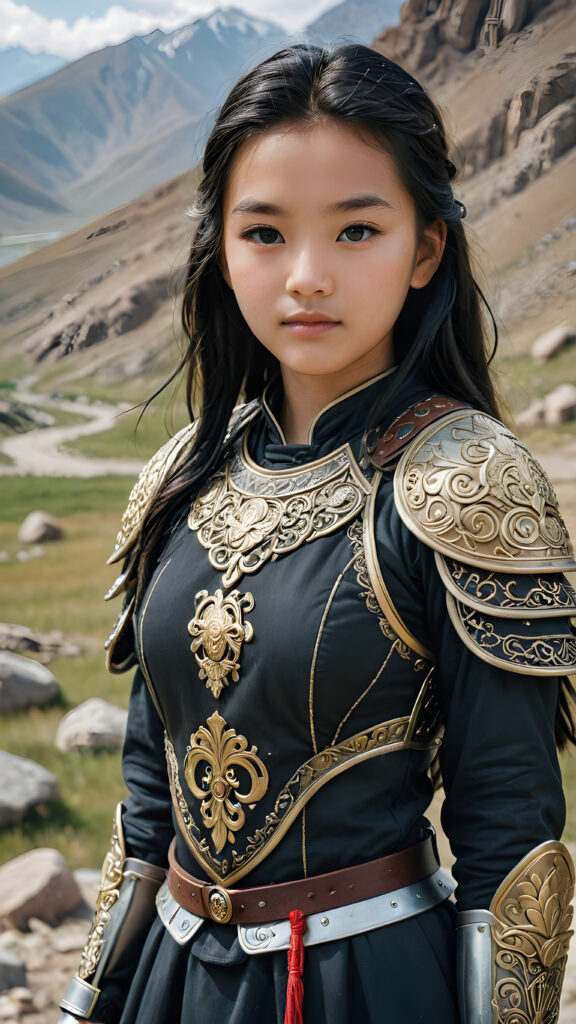 a super detailed and realistic photo from an ancient young Mongolian warrior teen girl in black, light armor. Top of mountain. She has shoulder long straight black soft hair. Perfect body. Against a natural backdrop. (Genghis Khan's daughter)