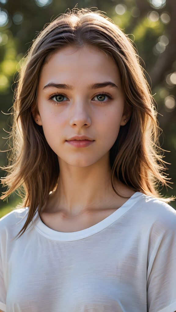 a super detailed, realistic half-body portrait of a 14-year-old girl with a flawless complexion. her hair is long, light brown, and straight. she has faceted, perfect crystal-clear eyes. her eyebrows are light brown and elegant. her lips are full and perfectly sculpted. she wears a thin, cropped white t-shirt, she stands in a serene, natural setting. she looks sweet at the camera.