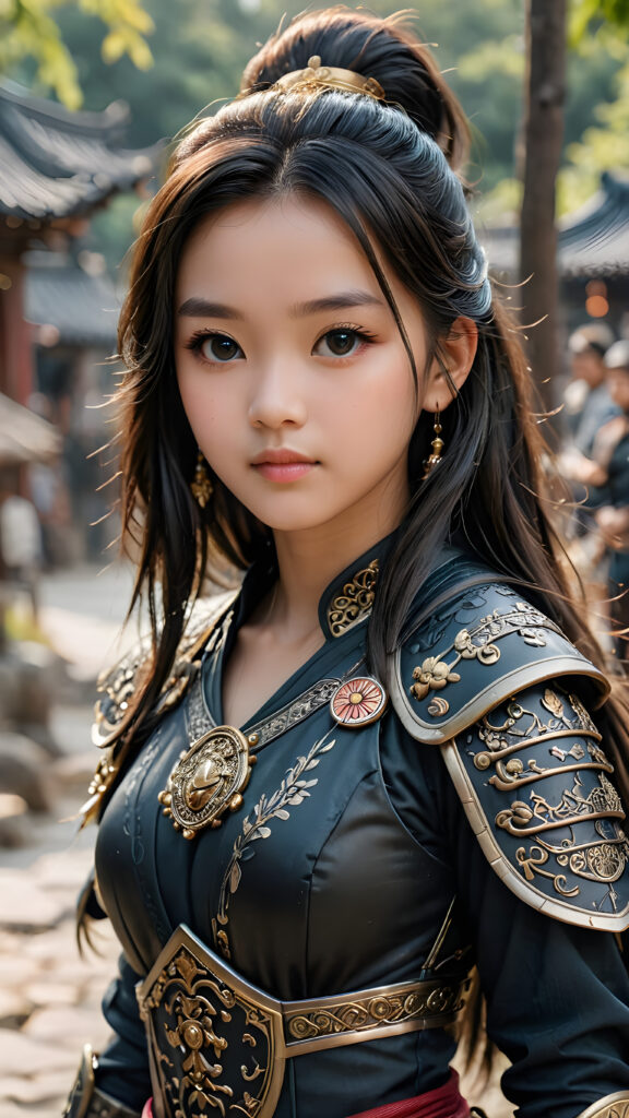 a super detailed and realistic photo from an ancient young Chinese warrior teen girl in black, light armor. She has long hair. Perfect body