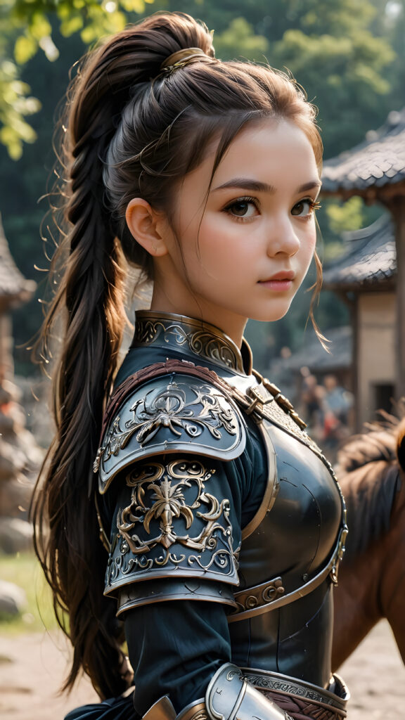 a super detailed and realistic photo from an ancient young warrior teen girl in black, light armor. She has long hair tied into a pony tail. Perfect body, side view