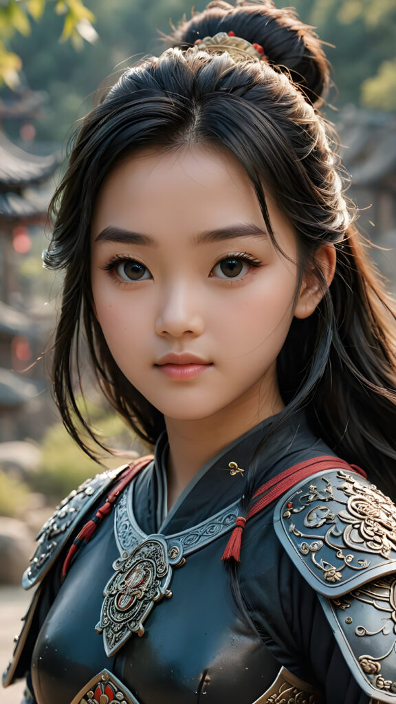 a super detailed and realistic photo from an ancient young Chinese warrior teen girl in black, light armor. She has long hair. Perfect body. (Mulan)