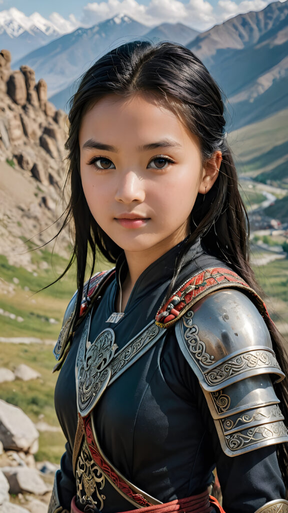 a super detailed and realistic photo from an ancient young Mongolian warrior teen girl in black, light armor. Top of mountain. She has shoulder long straight black soft hair. Perfect body. Against a natural backdrop. (Genghis Khan's daughter)