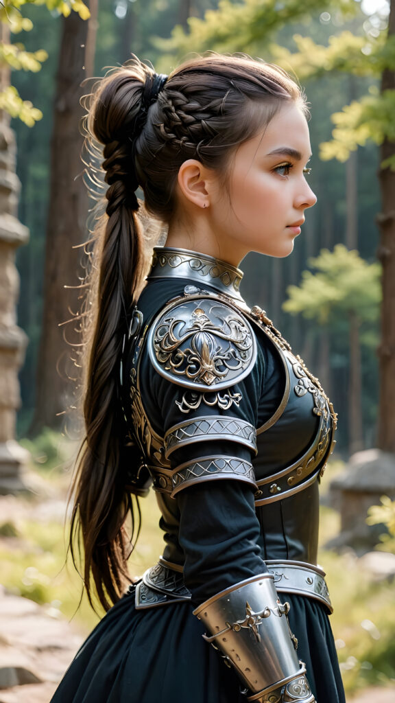 a super detailed and realistic photo from an ancient young warrior teen girl in black, light armor. She has long hair tied into a pony tail. Perfect body, side view