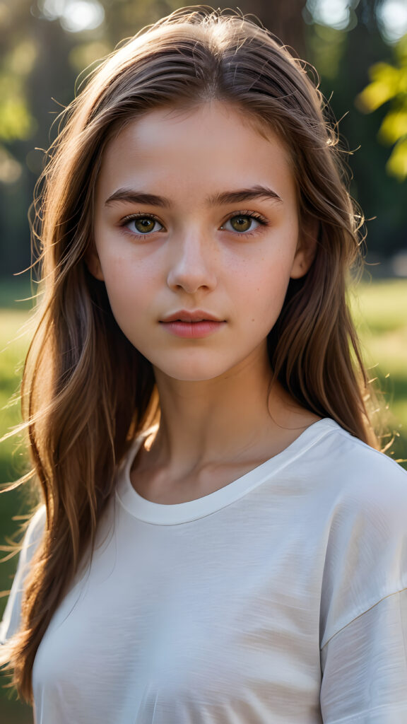 a super detailed, realistic half-body portrait of a 14-year-old girl with a flawless complexion. her hair is long, light brown, and straight. she has faceted, perfect crystal-clear eyes. her eyebrows are light brown and elegant. her lips are full and perfectly sculpted. she wears a thin, cropped white t-shirt, she stands in a serene, natural setting. she looks sweet at the camera.