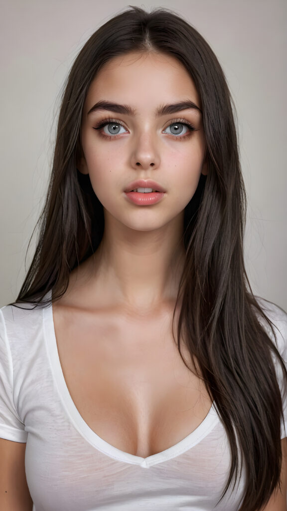 a (((super realistic photo))), captured from a (((young stunning and gorgeous well-busted teen girl)) with long straight obsidian hair, full lips, hyper-realistic eyes with perfectly matching pupils and white irises, a small flawless nose, and perfectly aligned and symmetrical front teeth, dressed in a (short tight white t-shirt with an open v-neck)