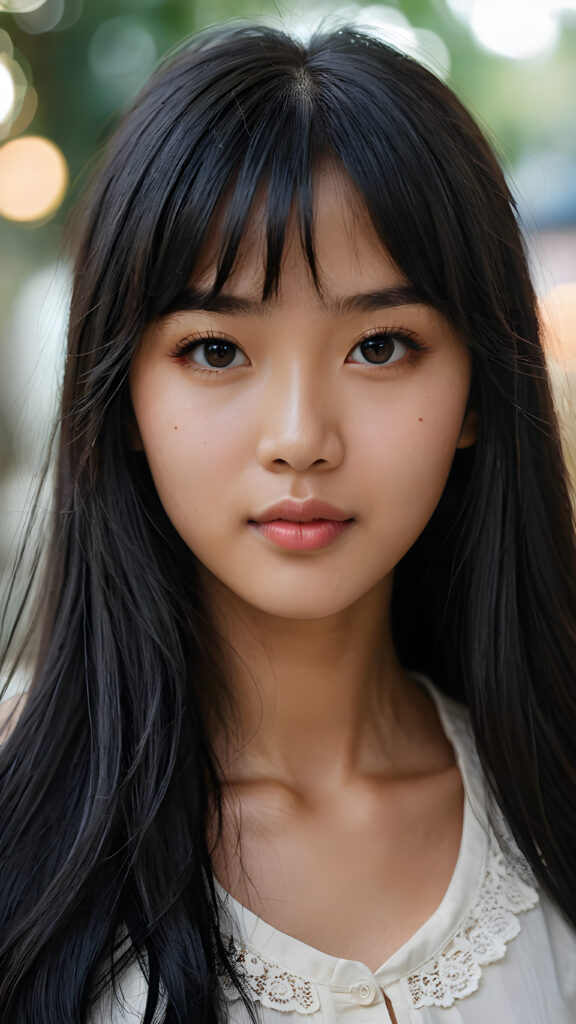 a (((super realistic, detailed portrait))), featuring a (((beautiful young Vietnamese girl with long black soft hair, bangs))), she is thin and poor dressed, her gaze softly directed towards the viewer, perfect curved body