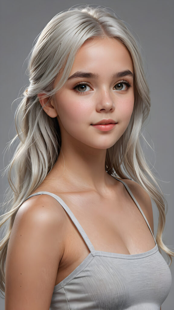 a (((super realistic, 4K-detailed face))) of a (((cute young girl))) with perfectly curved body and straight, long, soft white hair in a (croptop), looking directly at the camera with a (side view) against a (grey background), advanced as a pencil drawing