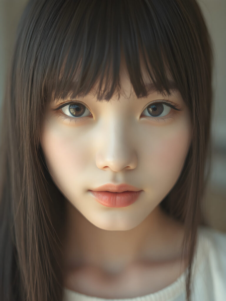 a (((super realistic upper body photo))), captured from a (((young stunning and gorgeous well-busted Korean teen girl)) with long straight obsidian black hair, Korean style bangs, full lips, hyper-realistic eyes with perfectly matching pupils and white irises, a small flawless nose, and perfectly aligned and symmetrical front teeth