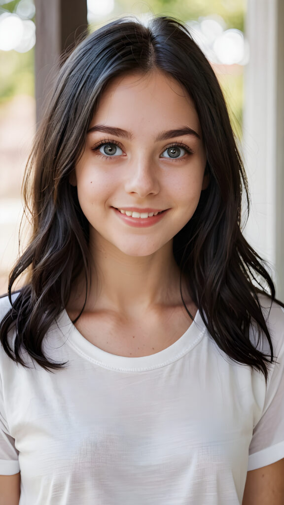 a (((super realistic))) (((detailed portrait))) of a (((beautiful young teen girl))) with (((super soft black long hair))), (((detailed big bright eyes))), and a (((playful smile))), wearing a (((white thin t-shirt))). Her complexion is a (((pale transparent complexion))), and she's posed in a (((relaxed playful pose))), looking sweetly into the camera