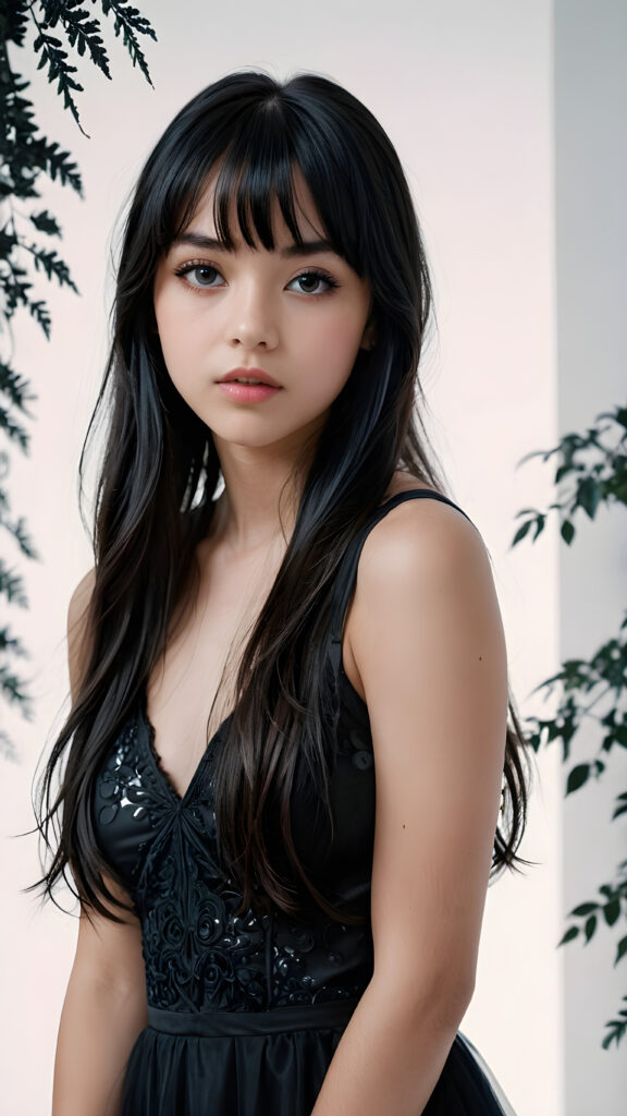 a (((super realistic, highly detailed, intricate photography))), capturing a (((beautiful young teen girl))) with an extremely defined and detailed face, including (((perfect, detailed obsidian black very long soft hair, bangs))), intense eye shadow, and a (short, v-neck black tank top) with (sharply contrasting, luxurious black and white details), paired with (distinctively shaped, vividly hued glass heels) and a (modern, minimalist white backdrop) for a (full body photo) that exudes an (ominous, seductive aura), accented by (subtle yet intricate gothic details) like (dark, twisted foliage) and (ethereal, shimmering glowing particles) that imbue a sense of mystery and magic