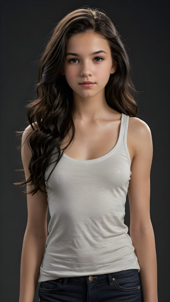 a (((super realistic and highly detailed full-body photo))), capturing a (((beautiful and innocent 13-year-old Caucasian girl))) with (((very long, thick, wavy black hair))), and (a short, cropped tank top), she stands in a (dark, gloomy setting) with (volumetric lighting) that brings out her (natural features) and (beautiful eyes), set against a (plain, dark backdrop) that focuses on her face, with (black hair) (perfect, accurate anatomy) and (high quality, high detail) that make her a (super-realistic, 3D character)