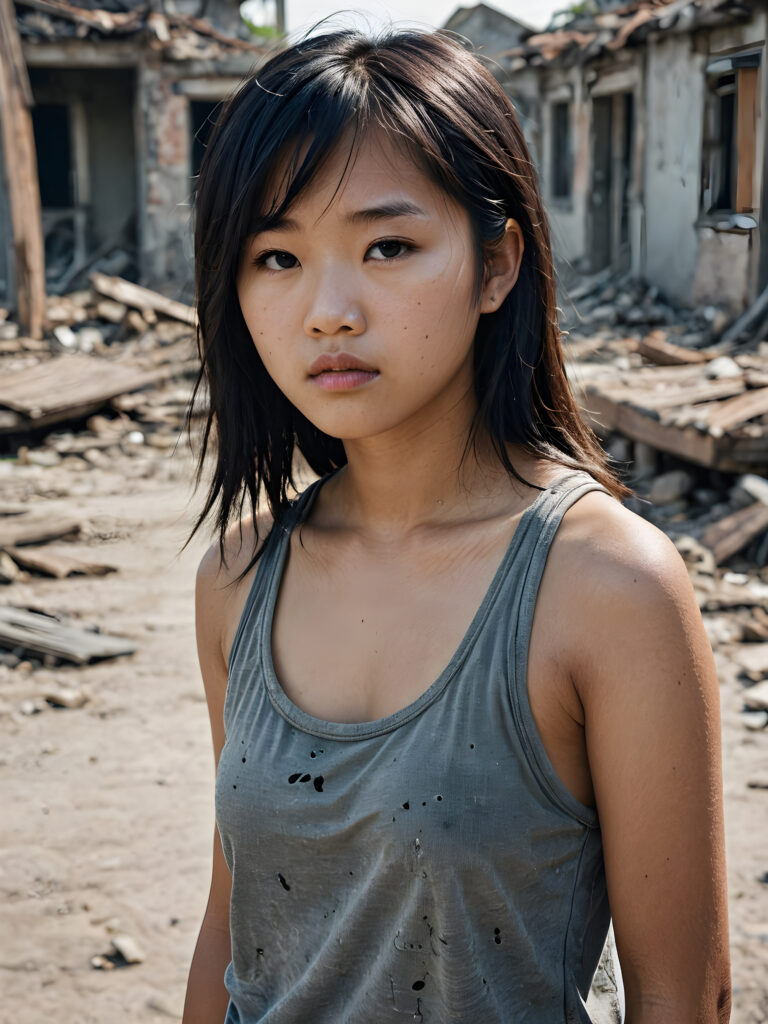 a (((super realistic image))) capturing a (((young, abandoned, sad, lonely, poor Asian teen girl, perfect curved body))) with shoulder-length disheveled obsidian hair in bangs cut, looking sadly at the viewer. She is hopelessly poor and scantly dressed in a tattered grey tank top, standing alone. Her face is dirty and she's skinny. In the background, there are realistically detailed (ruins) representing destroyed houses from war, adding a sense of desolation and despair, (bird's eye view)