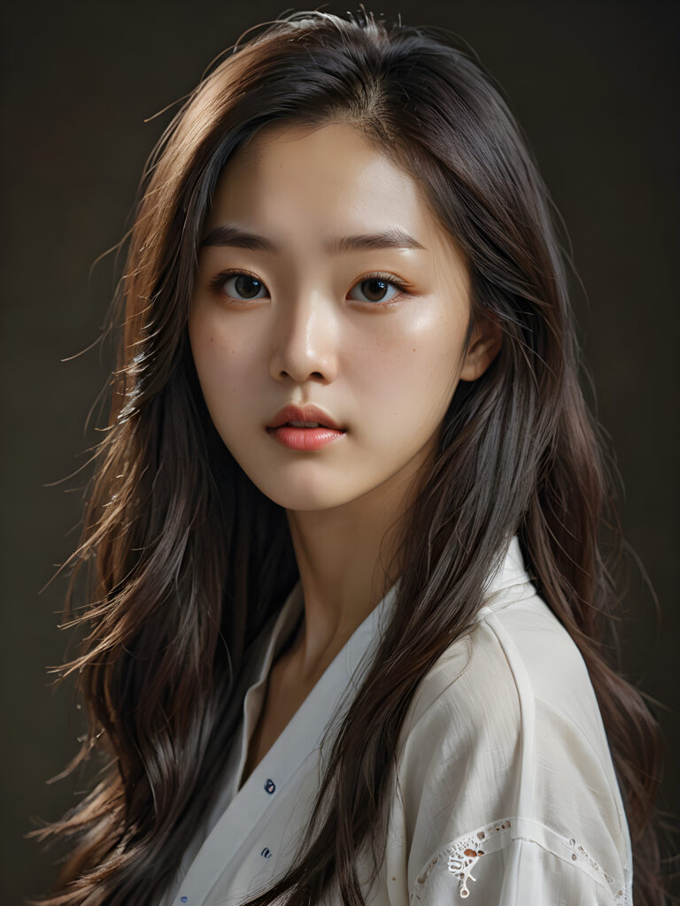 a (((super realistic, detailed portrait))), featuring a (((beautiful young Korean girl with long, hair))), her gaze softly directed towards the viewer, perfect curved body