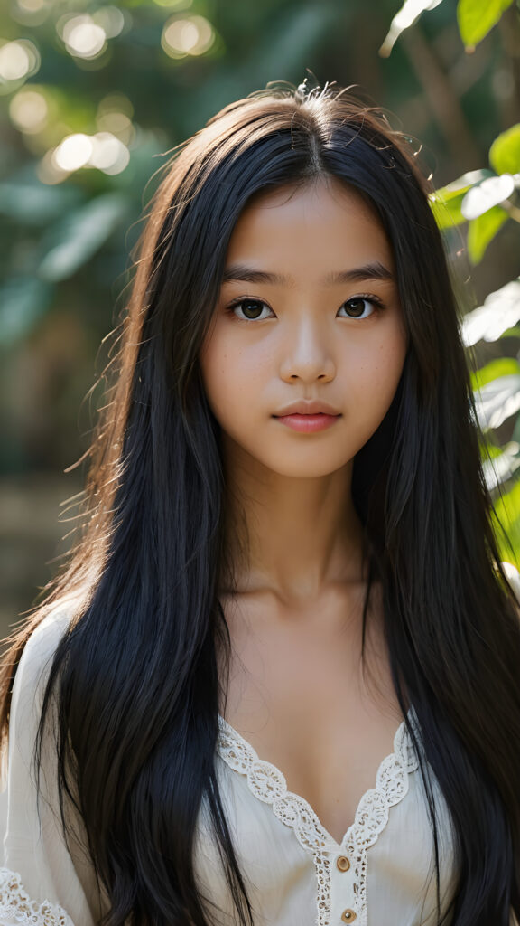 a (((super realistic, detailed portrait))), featuring a (((beautiful young 14 years old Vietnamese girl with long black soft hair))), her gaze softly directed towards the viewer, perfect curved body