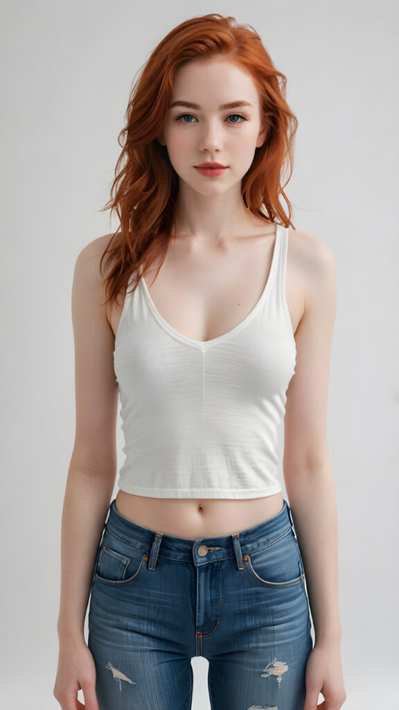 a (((super realistic and highly detailed full-body portrait))), featuring a (((beautiful young girl with delicate, pale white skin))), long, fluffy, super soft red hair that covers half her face, with natural red lips and a cute, playful expression, looking sweetly into the camera. She's dressed in a (((white cropped tank top with deep v-neck and jeans))), with a (((natural, full-body view))), exuding a (((super real, full-body essence))), as if captured in a (((realistic film scene))). The background is (((completely blurred out)), creating a (((purely fantasy, abstract white backdrop))), against which the girl's features and clothes appear in sharp detail, embodying an ultra-detailed, surreal fantasy aesthetic that is both realistic and highly detailed, with an 8K resolution that brings out every subtle detail, capturing the essence of the latest trends in artstation and photorealistic concept art. ((full body))