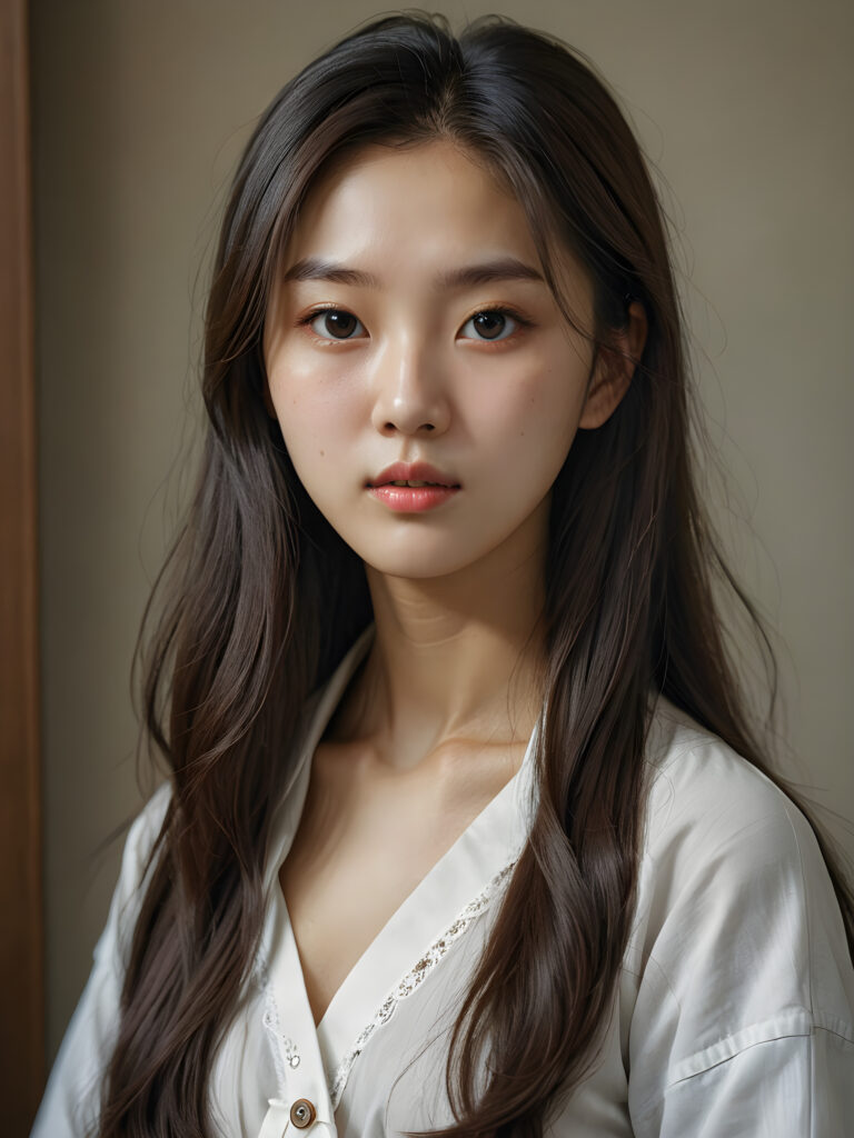 a (((super realistic, detailed portrait))), featuring a (((beautiful young Korean girl with long, hair))), her gaze softly directed towards the viewer, perfect curved body