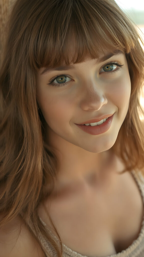 a (((super realistic full length photo))), capturing a (((beautifully proportioned young well busty teen girl))) with luxurious, sun-kissed bangs and (detailed, hyper-realistic freckles) that perfectly frame her face, complemented by (perfectly white teeth) and a (tiny, yet incredibly defined v-neck on her short, tight tank top. The photo exudes a sense of (extreme clarity and detail), highlighting every aspect of her features. Her face is seen in a full-body shot, against a (sunny backdrop that perfectly complements her features). She is seen from a side shot, emphasizing her (striking beauty) and perfect proportions. The photo is seen in a (high-resolution, ultra-realistic detail), capturing the essence of a (super realistic moment).