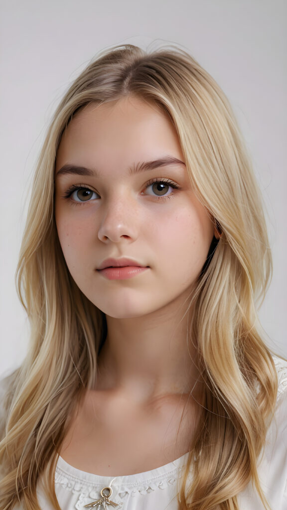 a (((super realistic teenage girl))) with long, straight, (((blond hair))) that cascade down her elegant yet (((attractive face))) and frame a (((realistically detailed angelic round face))) that seems to convey a sense of melancholy in a (((perfectly curved portrait shot))), standing against a (((barely there)) white backdrop)