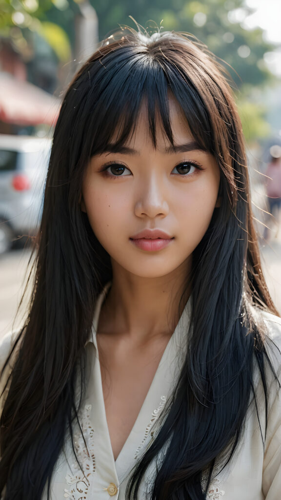 a (((super realistic, detailed portrait))), featuring a (((beautiful young Vietnamese girl with long black soft hair, bangs))), she is thin and poor dressed, her gaze softly directed towards the viewer, perfect curved body