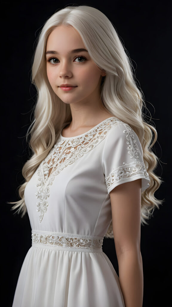 a (((super realistic and detailed)) white teenage girl with long, soft ((white hair)) and a ((white dress)), standing against a (((black backdrop))), her features and details intricate and lifelike