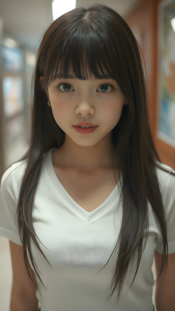 a (((super realistic full body photo))), captured from a (((young stunning and gorgeous well-busted Japanese teen girl)) with long straight obsidian hair, bangs cut, full lips, hyper-realistic eyes with perfectly matching pupils and white irises, a small flawless nose, and perfectly aligned and symmetrical front teeth, dressed in a (short tight white t-shirt with a deep v-neck)