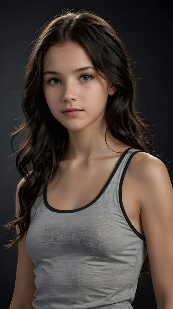 a (((super realistic and highly detailed full-body photo))), capturing a (((beautiful and innocent 13-year-old Caucasian girl))) with (((very long, thick, wavy black hair))), and (a short, cropped tank top), she stands in a (dark, gloomy setting) with (volumetric lighting) that brings out her (natural features) and (beautiful eyes), set against a (plain, dark backdrop) that focuses on her face, with (black hair) (perfect, accurate anatomy) and (high quality, high detail) that make her a (super-realistic, 3D character)