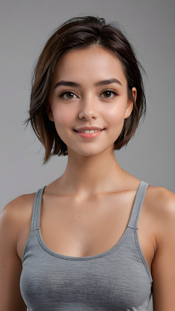 a (((super realistic 4K-detailed face))) with a perfect, slightly curved facial structure and expressive features, set against a softly gray (((background))), facing the camera with short, straight hair and a cute, young girl’s smile, wearing a sleek, minimalist ((straight-shouldered tank top)), in a (side view, advanced perspective)