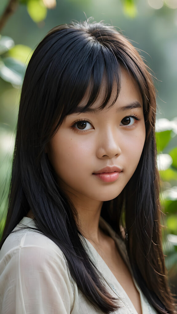 a (((super realistic, detailed portrait))), featuring a (((beautiful young Vietnamese girl with long black soft hair, bangs))), she is thin and poor dressed, her gaze softly directed towards the viewer, perfect curved body