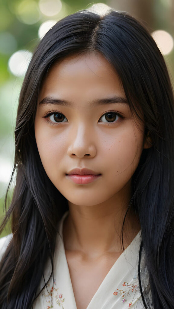 a (((super realistic, detailed portrait))), featuring a (((beautiful young 14 years old Vietnamese girl with long black soft hair))), her gaze softly directed towards the viewer, perfect curved body