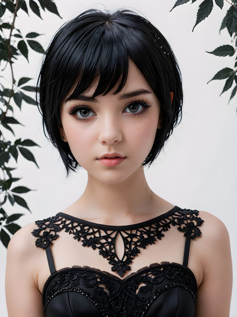 a (((super realistic, highly detailed, intricate photography))), capturing a (((beautiful young teen Emo girl))) with an extremely defined and detailed face, including (((perfect, detailed obsidian black short hair, bangs))), intense eye shadow, and a (short, detailed black dress) with (sharply contrasting, luxurious black and white details), paired with (distinctively shaped, vividly hued glass heels) and a (modern, minimalist white backdrop) for a (close-up, detailed portrait) that exudes an (ominous, seductive aura), accented by (subtle yet intricate gothic details) like (dark, twisted foliage) and (ethereal, shimmering glowing particles) that imbue a sense of mystery and magic