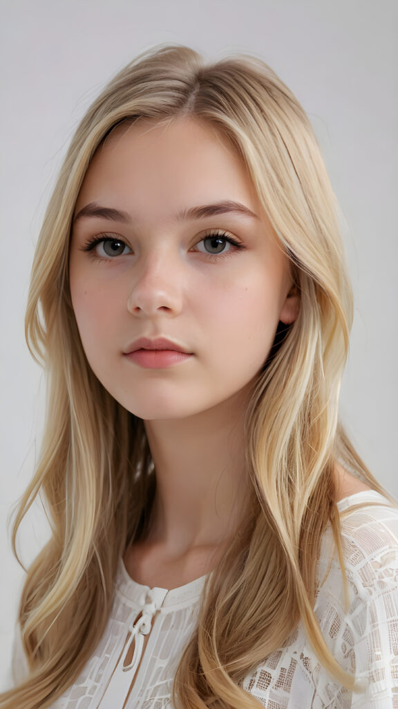 a (((super realistic teenage girl))) with long, straight, (((blond hair))) that cascade down her elegant yet (((attractive face))) and frame a (((realistically detailed angelic round face))) that seems to convey a sense of melancholy in a (((perfectly curved portrait shot))), standing against a (((barely there)) white backdrop)