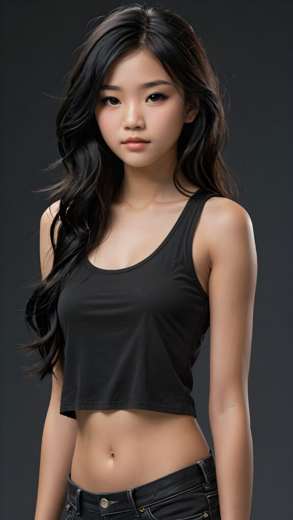 a (((super realistic and highly detailed full-body photo))), capturing a (((beautiful and innocent 13-year-old Asian Emo girl))) with (((very long, thick, wavy black hair))), and (a short, cropped tank top), she stands in a (dark, gloomy setting) with (volumetric lighting) that brings out her (natural features) and (beautiful eyes), set against a (plain, dark backdrop) that focuses on her face, with (black hair) (perfect, accurate anatomy) and (high quality, high detail) that make her a (super-realistic, 3D character)